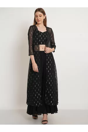 Purple State Women Black Woven Design Top & Sharara With Shrug