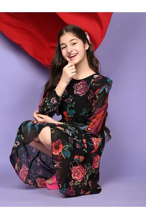 LilPicks Girl Black Floral Georgette Dress