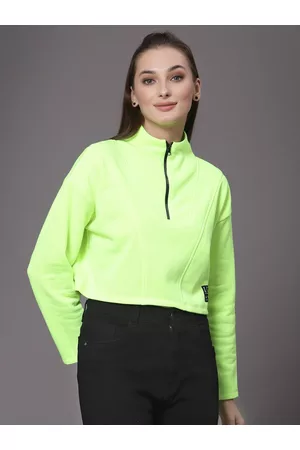 KASSUALLY Women Green Loose Boxy Fit High Neck Cotton Sweatshirt