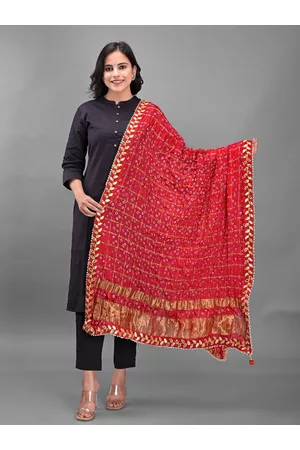 Apratim Red & Gold-Toned Dyed Art Silk Bandhani Dupatta with Gotta Patti