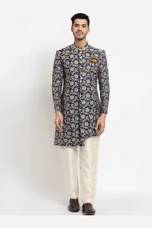 KLOTTHE Men Navy Blue & Grey Printed Sherwani Set