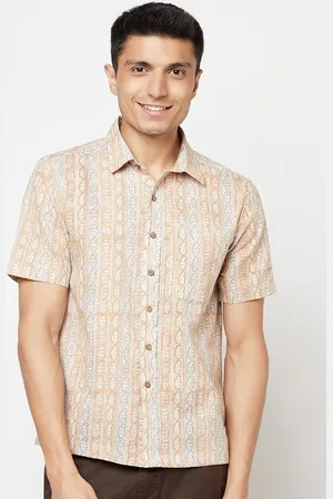 Fabindia Men Peach & Beige Abstract Printed Cotton Casual Shirt