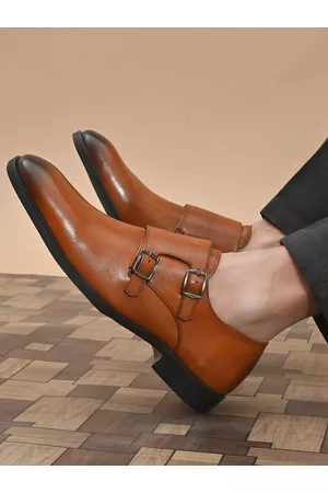 San Frissco Men Tan Solid Leather Formal Monk Shoes