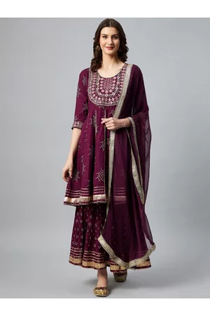 InWeave Women Purple Bandhani Printed Kurta with Sharara & With Dupatta