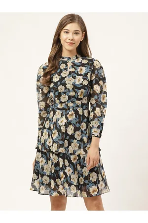 20Dresses Women Black & Beige Layered Floral Print A-Line Dress