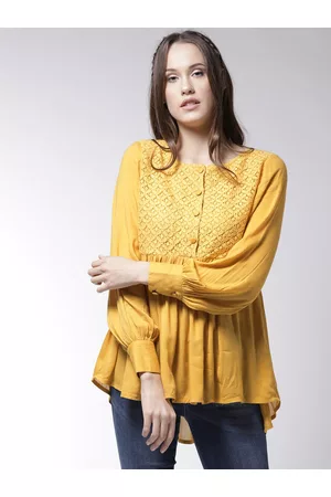 La Zoire Women Mustard Yellow Self Design High-Low Top