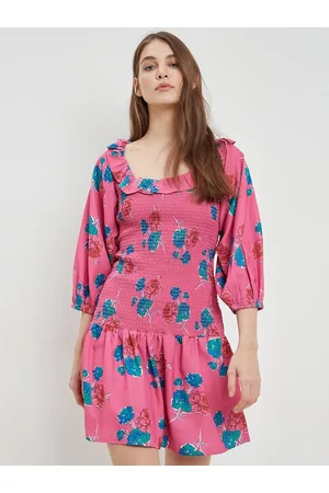 Dorothy Perkins Pink & Blue Floral Printed Smocked Ruffle A-Line Mini Dress
