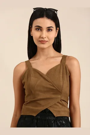 ATHENA Brown Solid Soulder Straps Wrap Top