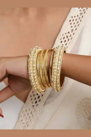 Fida Set of 16 Gold-Plated White Stone Studded Bangle Set