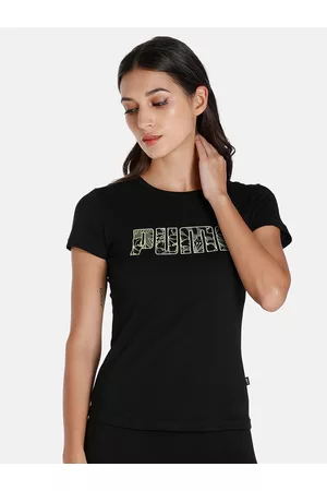 PUMA Women Black & Yellow Summer Printed Cotton T-shirt