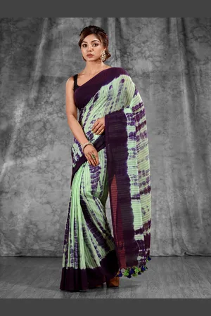 Charukriti Green & Blue Tie and Dye Pure Cotton Saree