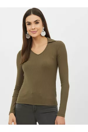 Harpa Women Olive Green Striped Fitted Top
