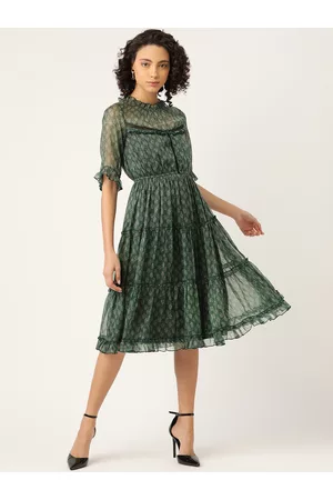 Antheaa Women Green & Beige Printed Fit & Flare Tiered Dress