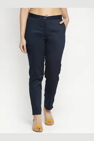Ayaany Women Navy Blue Regular Fit Solid Regular Trousers