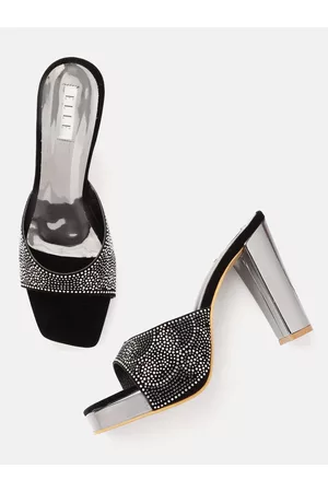 Elle Women Black Embellished Party Block Heel Sandals