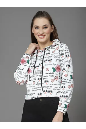 KASSUALLY Women White Printed Hooded Sweatshirt