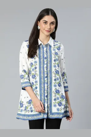 Oxolloxo Women White & Blue Viscose Rayon Shirt Collar Printed Tunic