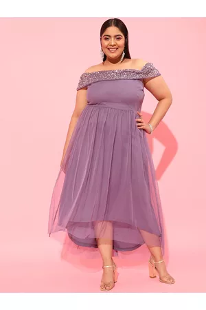 CURVY STREET Lavender Plus Size Off-Shoulder Net Dress