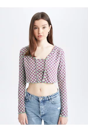 DeFacto Women Purple & Green Checked Crop Cardigan