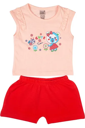 MeeMee Girls Peach-Coloured & Red Printed Pure Cotton Top with Shorts