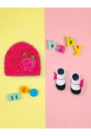 Baby Moo Girls Fuchsia Pink & White Beanie & Socks Set