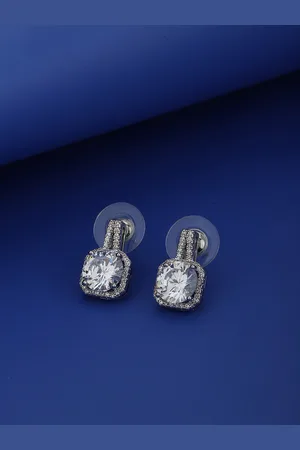 Carlton London Women Silver-Toned Diamond Shaped Studs Earrings