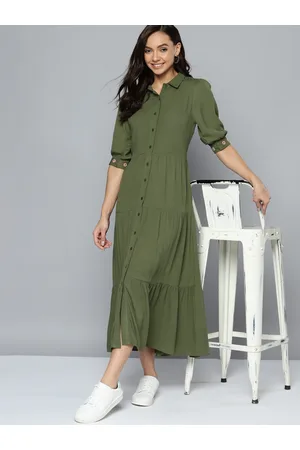 Mast & Harbour Olive Green Solid Tiered Shirt Dress