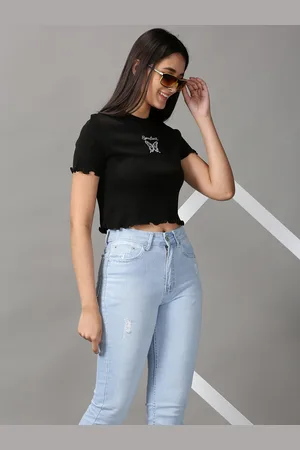 SHOWOFF Women Black Solid Fitted Crop Top