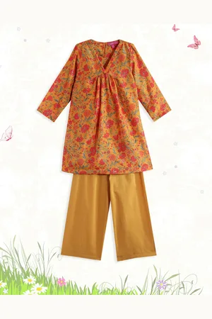 Biba Girls Mustard Yellow Floral Printed Kurta with Palazzos