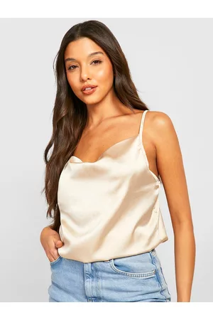 Boohoo Beige Satin Finish Cowl Neck Top