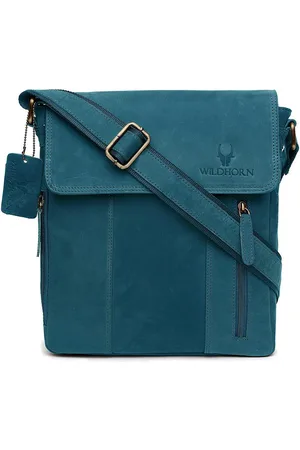 WildHorn Men Teal Solid Leather Sling Messenger bag