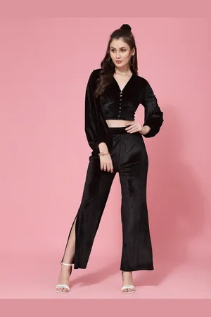 KASSUALLY Women Black Top with Trouser Velvet Co-Ords Set