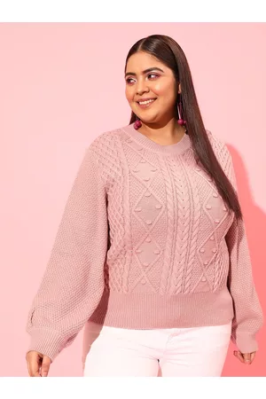 CURVY STREET Plus Size Women Pink Cable Knit Acrylic Pullover