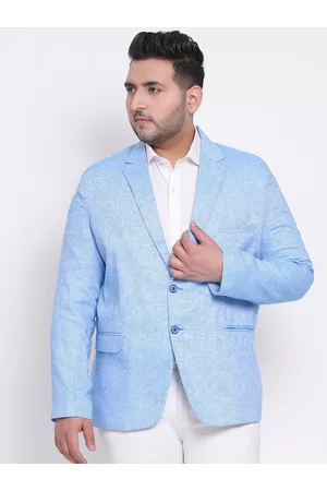 Hangup Men Blue Plus size Solid Single-Breasted Cotton Linen Regular Fit Formal Blazers