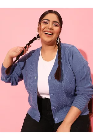 CURVY STREET Plus Size Women Blue Cable Knit Acrylic Cardigan
