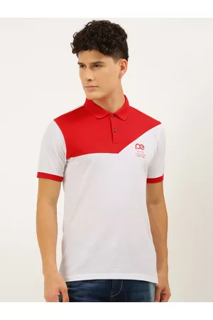 Peter England Men White & Red Colourblocked Polo Collar Slim Fit T-shirt
