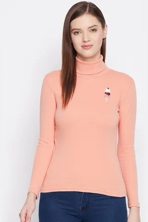 Hypernation Women Peach-Coloured High Neck Slim Fit T-shirt