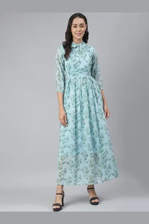Cation Floral Printed Tie-Up Neck Georgette Maxi Dress