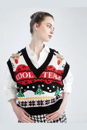 DeFacto Women Black & Red Printed V-Neck Acrylic Sweater Vest