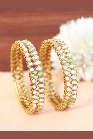 I Jewels Set of 2 Mint Green Gold-Plated Stone Kada Bangles