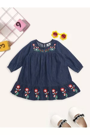 MeeMee Girls Blue Floral Embroidered Cotton A-Line Dress