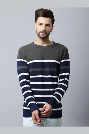 CANTABIL Men Olive Green & White Striped Striped Pullover