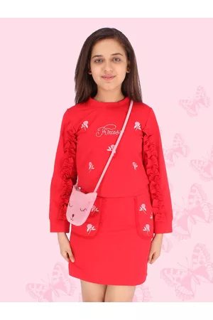 CUTECUMBER Girls Embroidered T-shirt with Knee Length Skirt