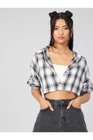 Chimpaaanzee Women White & Black Boxy Checked Casual Shirt