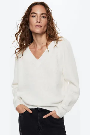 MANGO Women White Ribbed V-Neck Sustainable Pullover