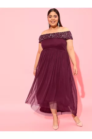 CURVY STREET Burgundy Plus Size Off-Shoulder Net Dress