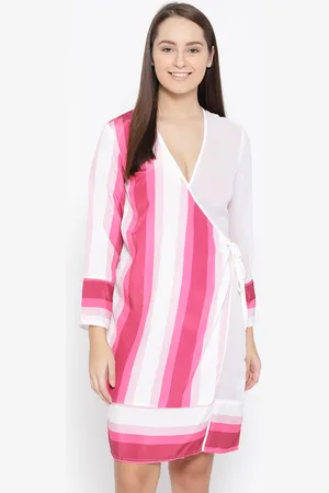 Erotissch Women Pink & White Semi-Sheer Striped Knee Length Robe