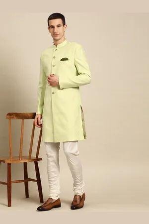 KISAH Men Lime Green & White Indowestern Sherwani Set