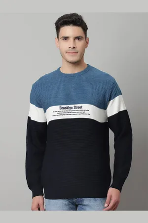 CANTABIL Men Navy Blue & White Colourblocked Wool Pullover