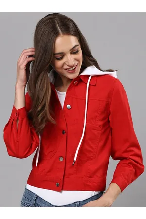 Campus Women Red White Windcheater Crop Denim Jacket